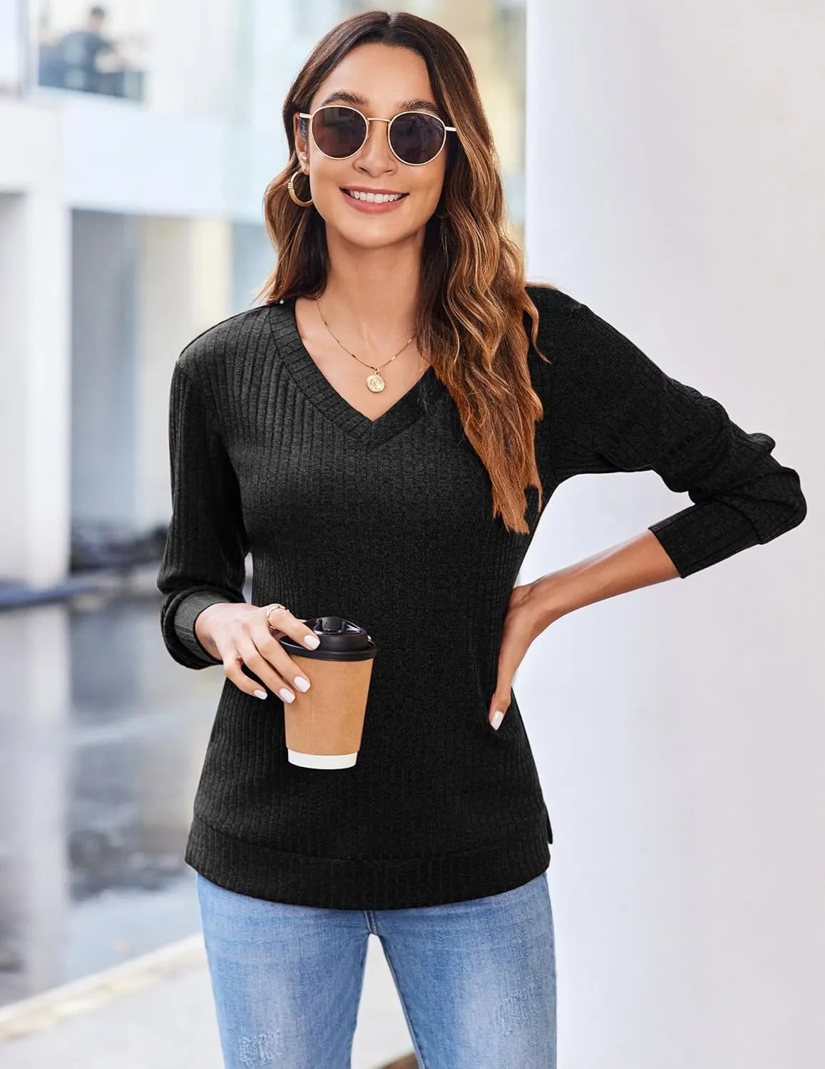 Zeagoo Long Sleeve Shirts for Women V Neck Casual Sweaters Basic Knit 2024 Fall Fashion Pullover Tops