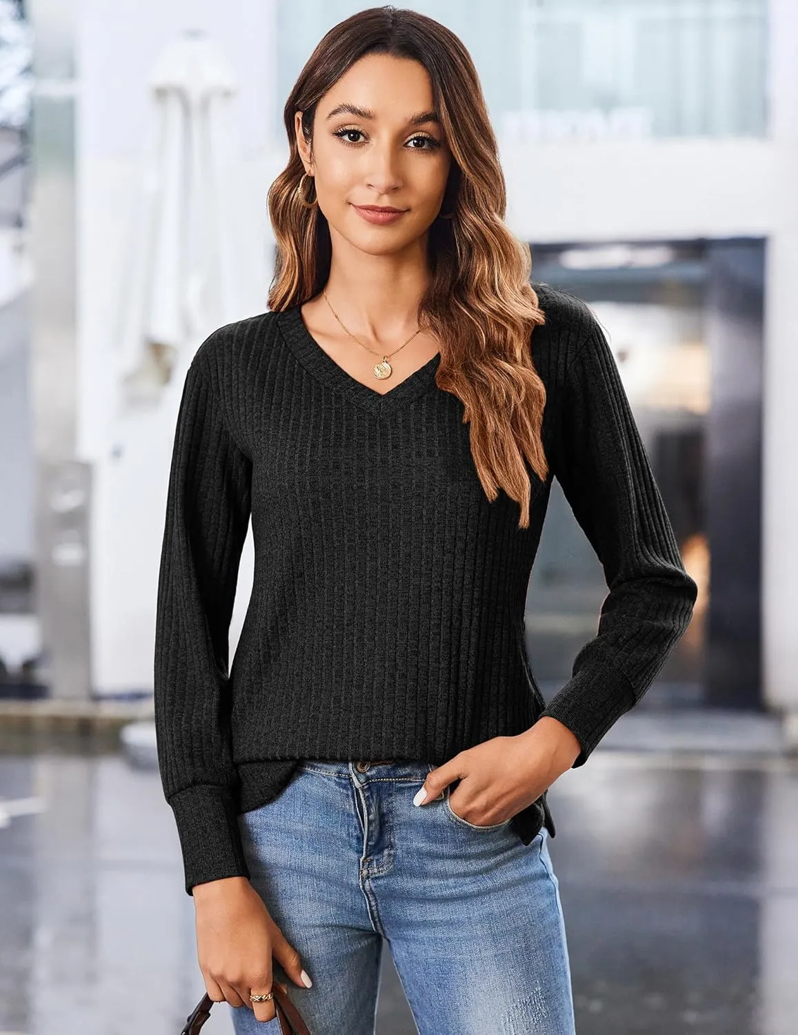 Zeagoo Long Sleeve Shirts for Women V Neck Casual Sweaters Basic Knit 2024 Fall Fashion Pullover Tops