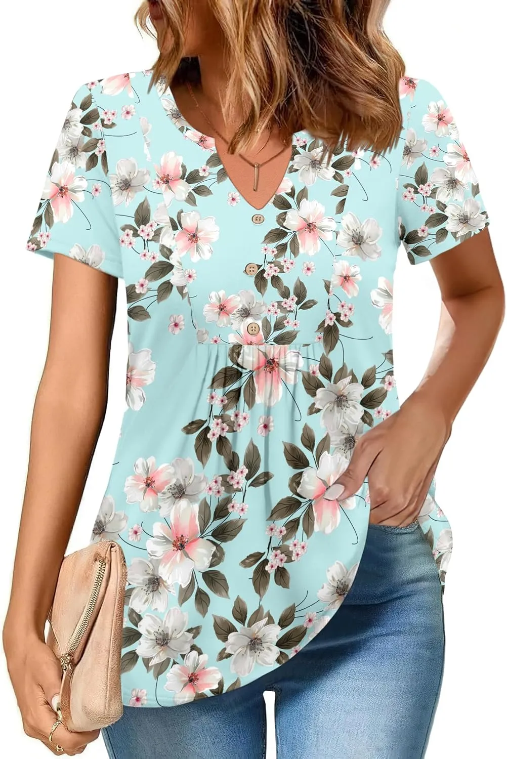 Zeagoo Womens Short Sleeve Tops Summer Henley V-Neck Tshirts Casual Pleated Blouse Dressy Loose Floral Basic Tee