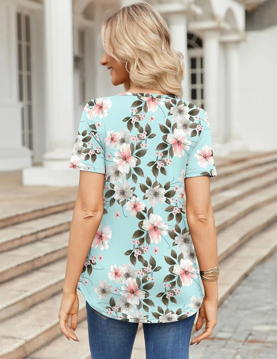 Zeagoo Womens Short Sleeve Tops Summer Henley V-Neck Tshirts Casual Pleated Blouse Dressy Loose Floral Basic Tee